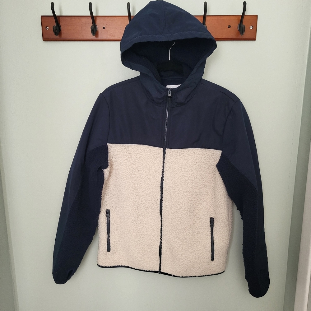 Old Navy Men Medium Sherpa Hooded Full Zip Thumbholes Jacket Pockets Blue Beige